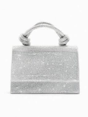 Silver Crystal-Embellished Top-Handle Evening Bag